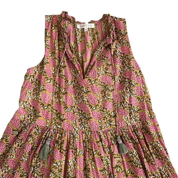 Marea Harvest Sunset Tiered Sleeveless Midi Dress L/XL Pink Green Cotton Tassels - Picture 6 of 10